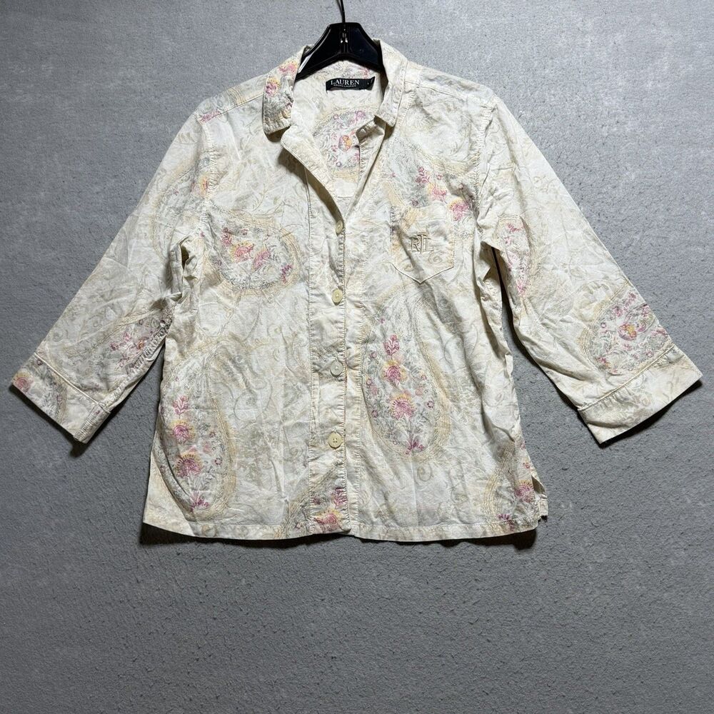 Lauren Ralph Lauren Pajama Top Women’s L Floral Cream Cotton Blend Sleep Shirt